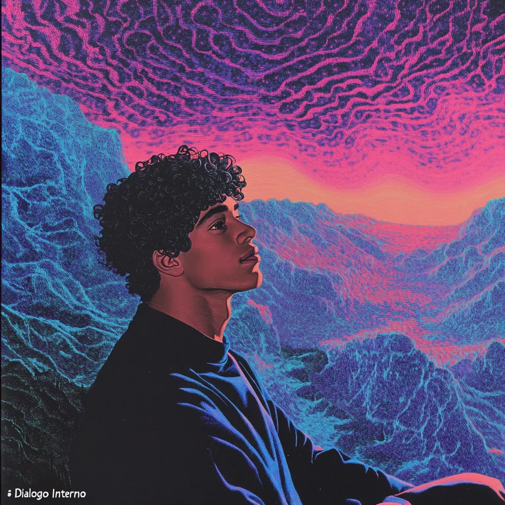 Hombre joven de cabello rizado sentado de perfil, vestido de negro, frente a un paisaje de montañas azules bajo un cielo con nubes onduladas en tonos rosa y magenta.