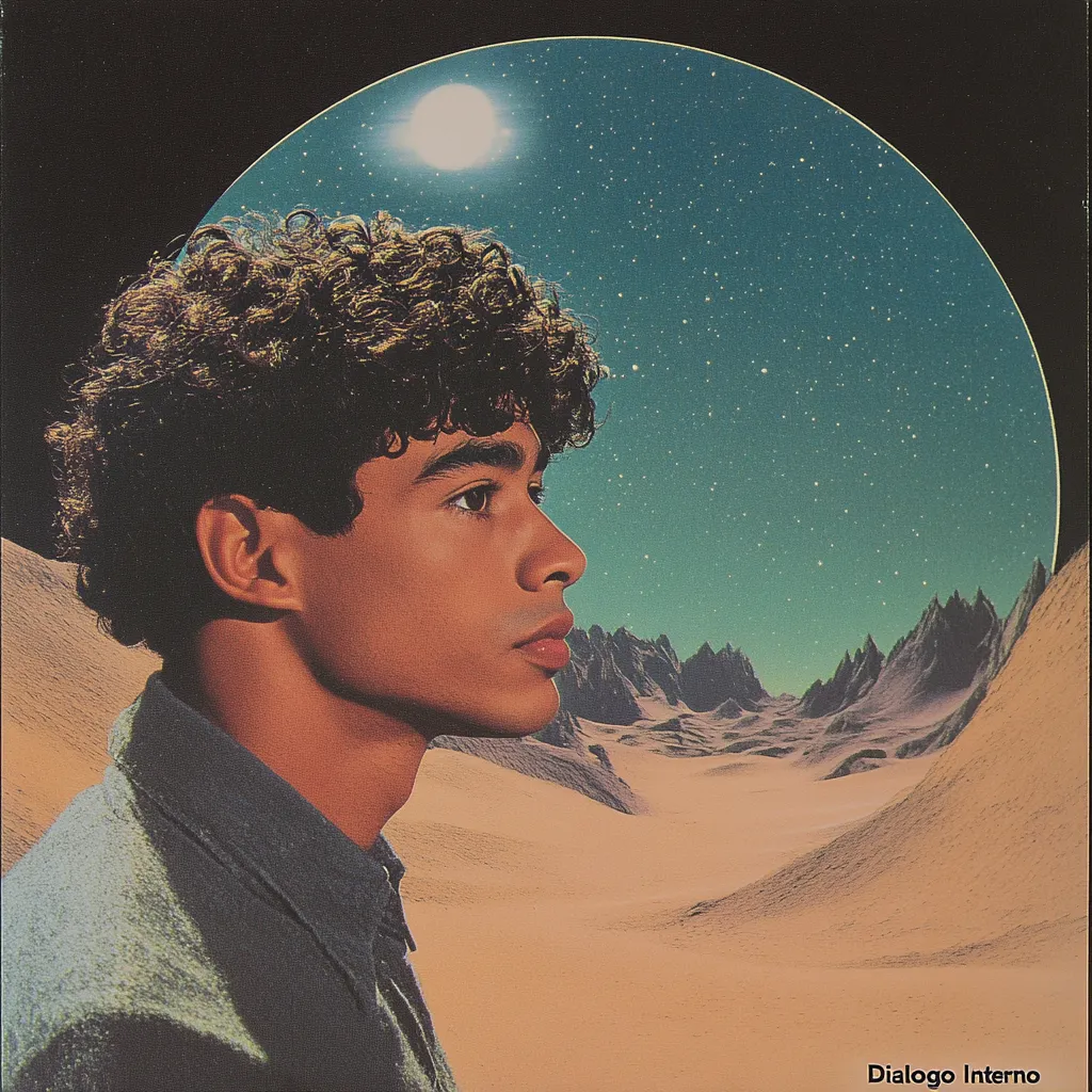 Retrato de perfil de un joven de cabello rizado, con una ventana circular detrás que muestra un paisaje desértico de dunas bajo un cielo estrellado con una luna brillante, en tonos sepia y verde azulado.