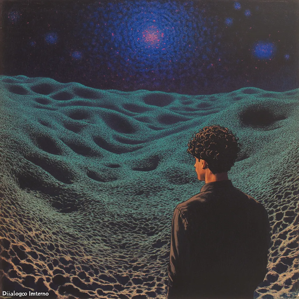 Hombre de cabello rizado visto de espaldas, contemplando un extenso paisaje de dunas onduladas en tonos verde y turquesa bajo un cielo morado oscuro con estrellas y una nube de color naranja rosado.
