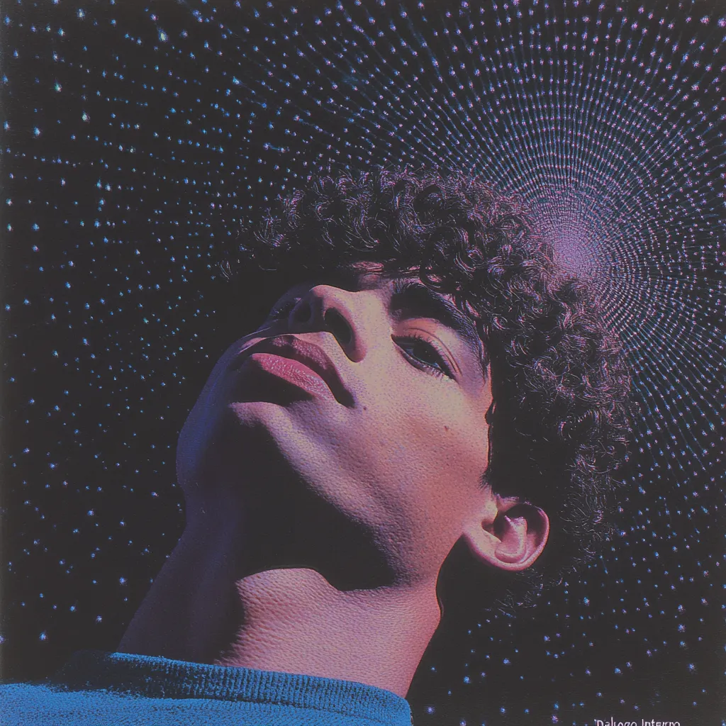 Retrato de un joven de cabello rizado mirando hacia arriba, vestido con un suéter azul, con un fondo oscuro cubierto de puntos brillantes dispuestos en círculos concéntricos que irradian desde su cabeza.