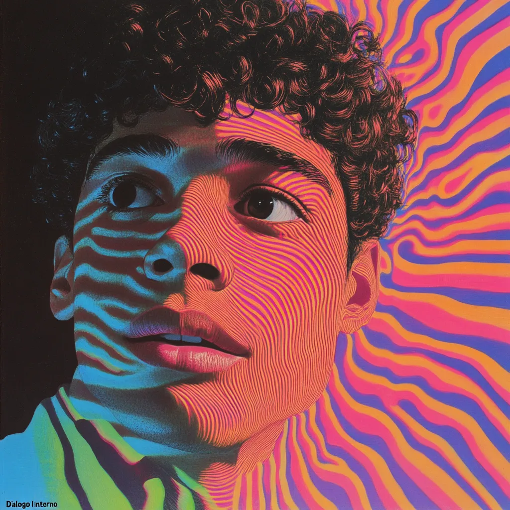Primer plano del rostro de un joven con un patrón de rayas de luz y sombra en tonos azules y rosados cruzándole la cara, sobre un fondo de rayos radiantes en colores morado, naranja y rosa.