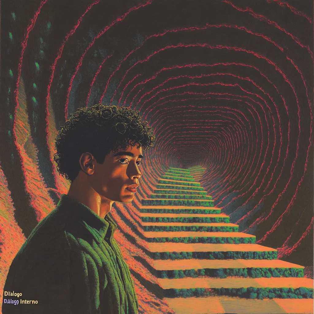Hombre de perfil junto a un túnel formado por anillos concéntricos de color rojo, con una escalera de peldaños dorados que se adentra en el túnel hacia un punto de luz verde al fondo.