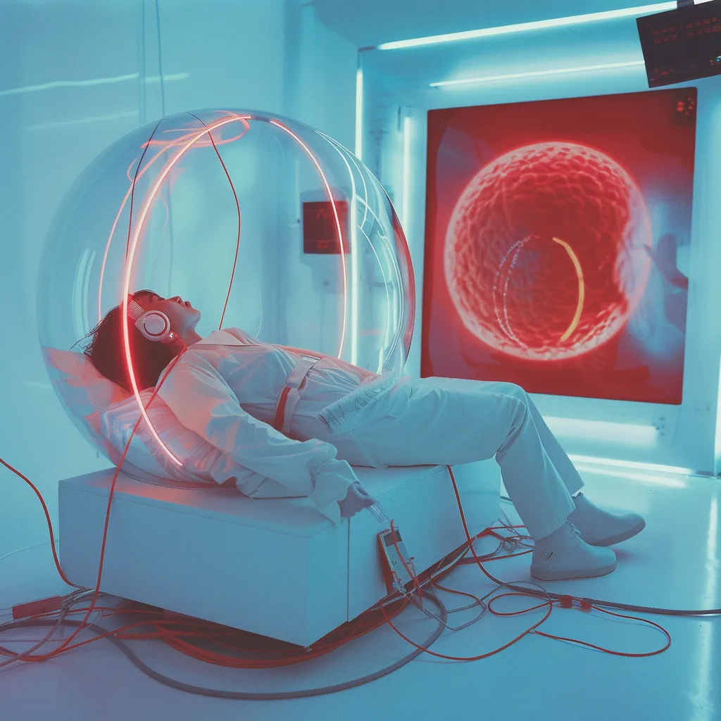 Hombre recostado con auriculares dentro de un aro circular de luz roja, en una habitación futurista de tonos azules con una pantalla que muestra un patrón espiral rojo y varios cables conectados al asiento.
