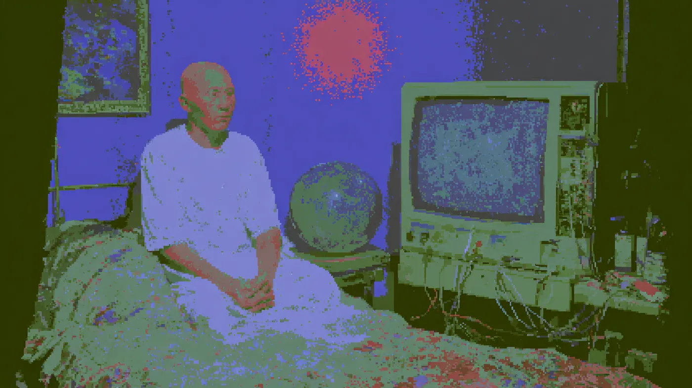 Hombre calvo vestido con una bata blanca, sentado sobre una cama en una habitación de tonos azules y morados, junto a un monitor antiguo con interferencia en pantalla, un globo terráqueo y varios cables; en la pared se ve un círculo rojo brillante.