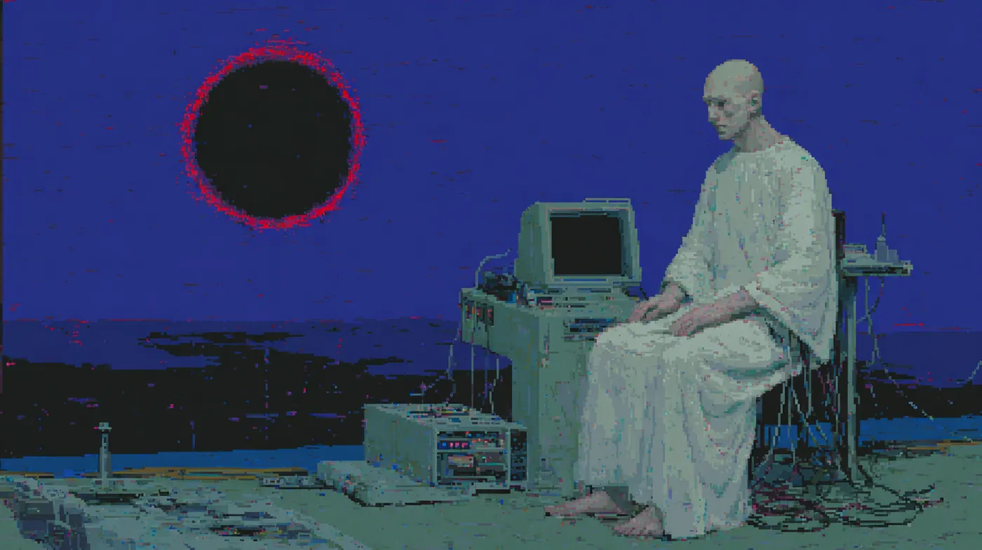 Hombre calvo con bata blanca sentado frente a una computadora antigua, en una habitación de tonos azules, con un mar al fondo y un círculo negro rodeado de un anillo rojo brillante en el cielo, como un eclipse.