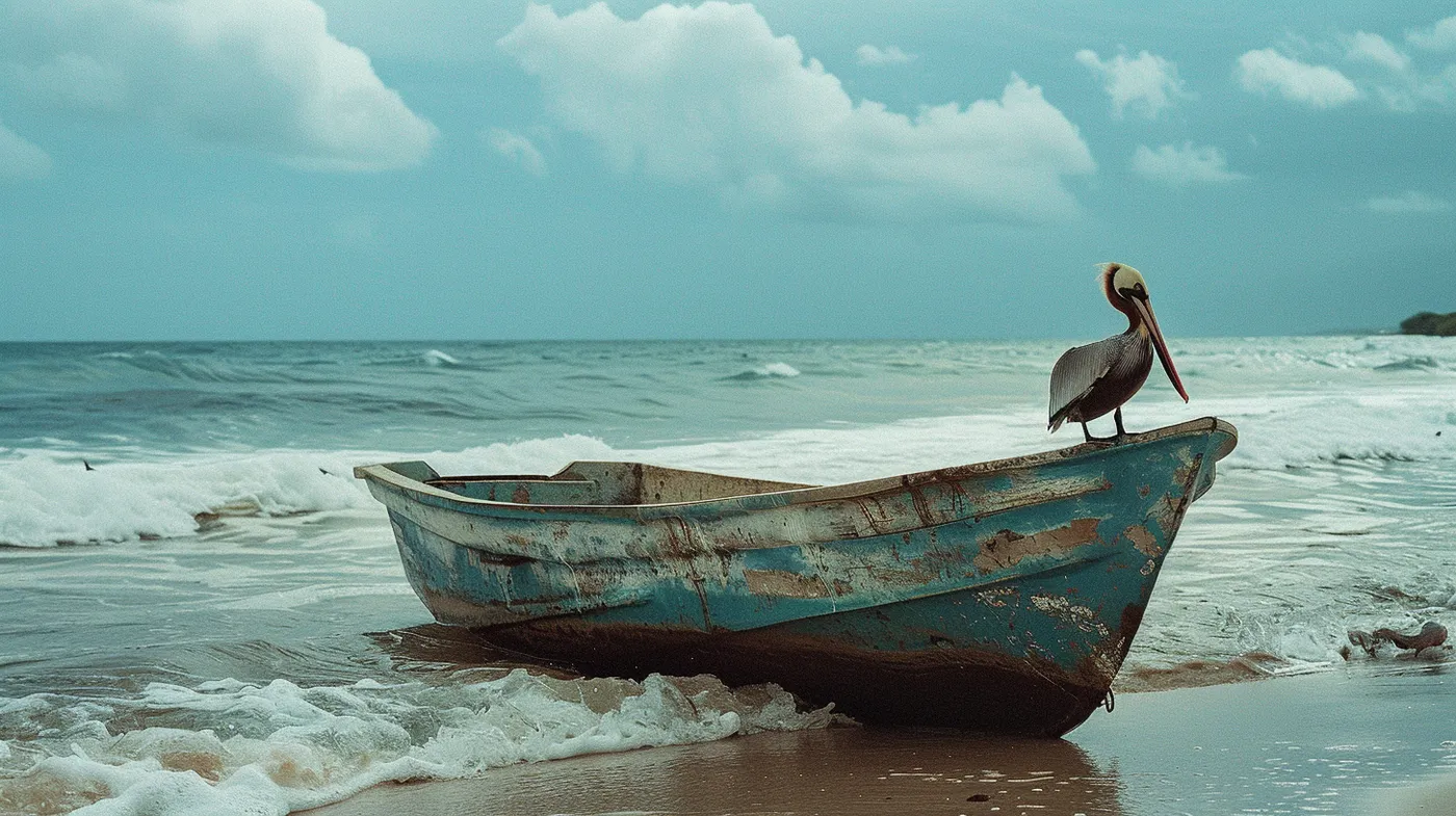 Bote de madera viejo y descolorido, de color turquesa desgastado, varado en la orilla de una playa, con un pelícano parado sobre la proa, mar con olas y cielo nublado al fondo.