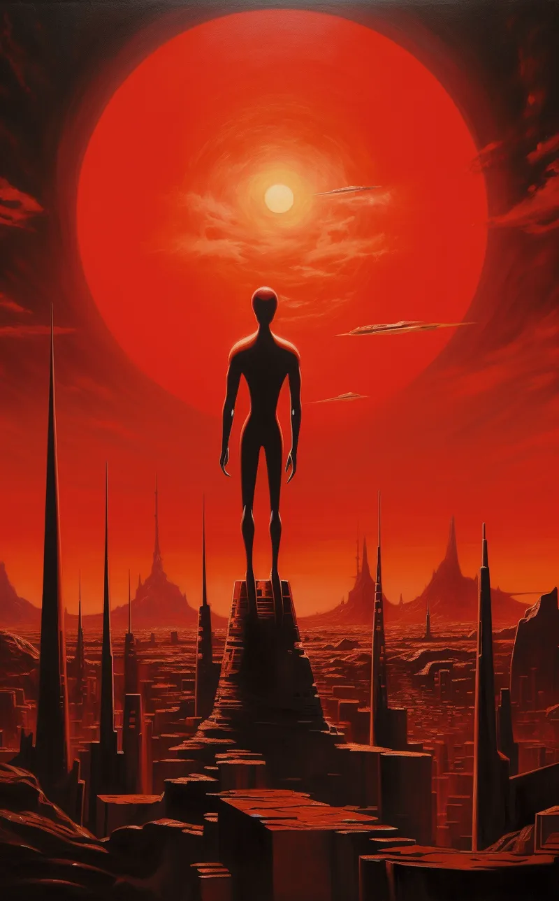 Figura humanoide delgada y alargada de pie sobre una torre, mirando una ciudad de agujas oscuras bajo un enorme sol o esfera roja que domina el cielo, con pequeñas naves volando, en tonos rojos y negros.