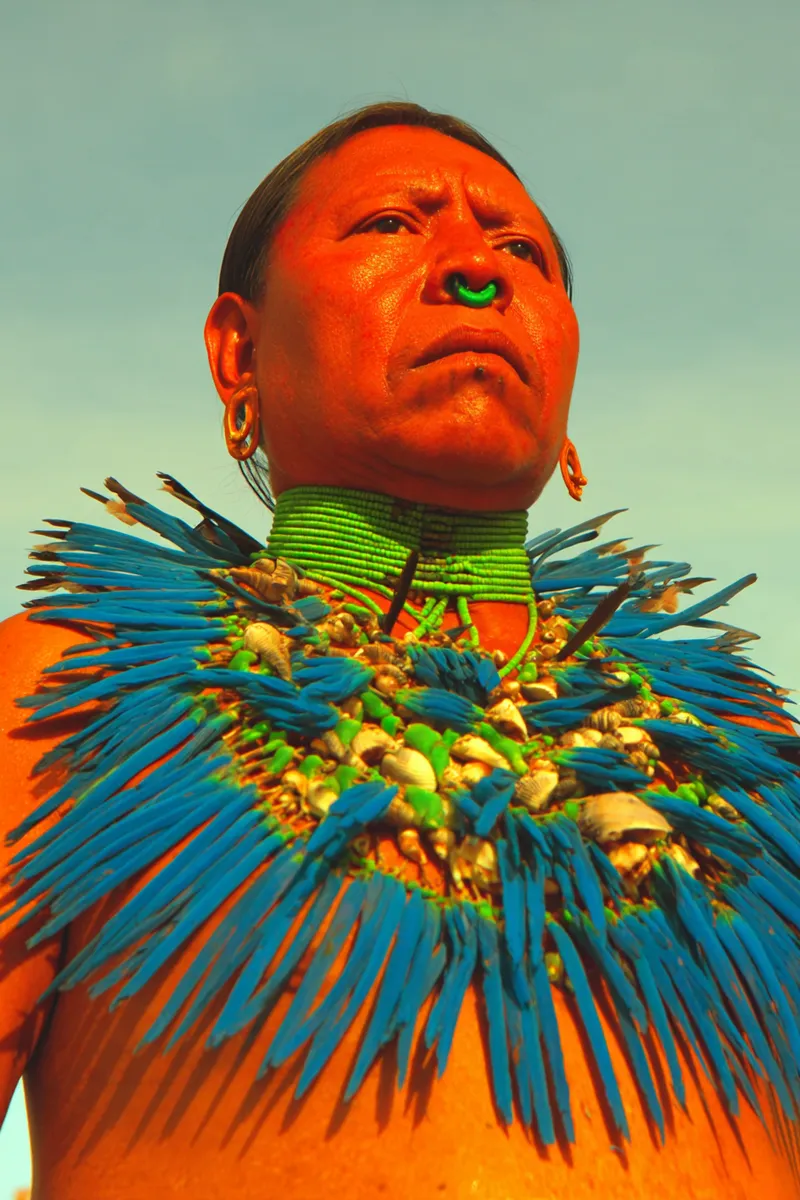 Retrato de un hombre con la piel pintada de rojo anaranjado y la nariz pintada de verde, aretes dorados de aro, y un grueso collar de plumas azules y verdes con cuentas blancas que le cubre el pecho, mirando hacia arriba contra un cielo despejado.