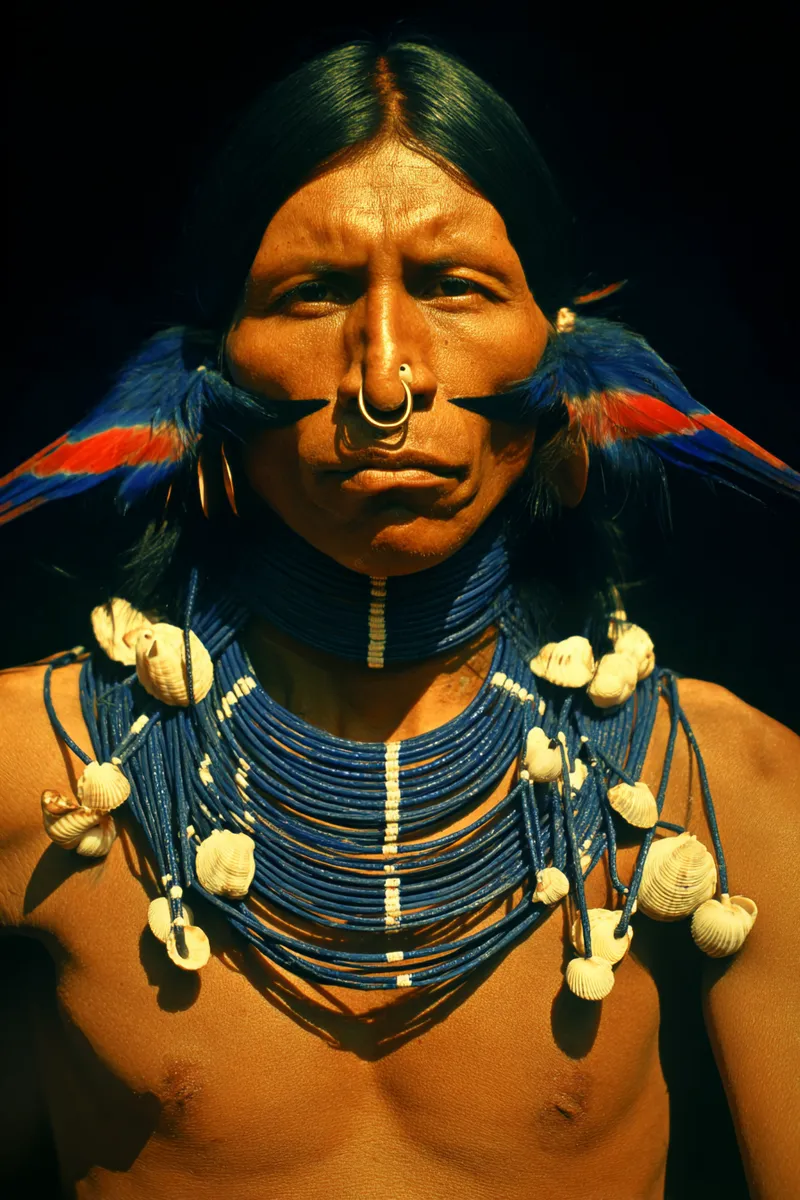 Retrato de un hombre sobre fondo negro con plumas rojas y azules detrás de cada oreja, un aro dorado en la nariz, una raya blanca vertical en el rostro y un collar de cuentas azules con conchas blancas colgantes.
