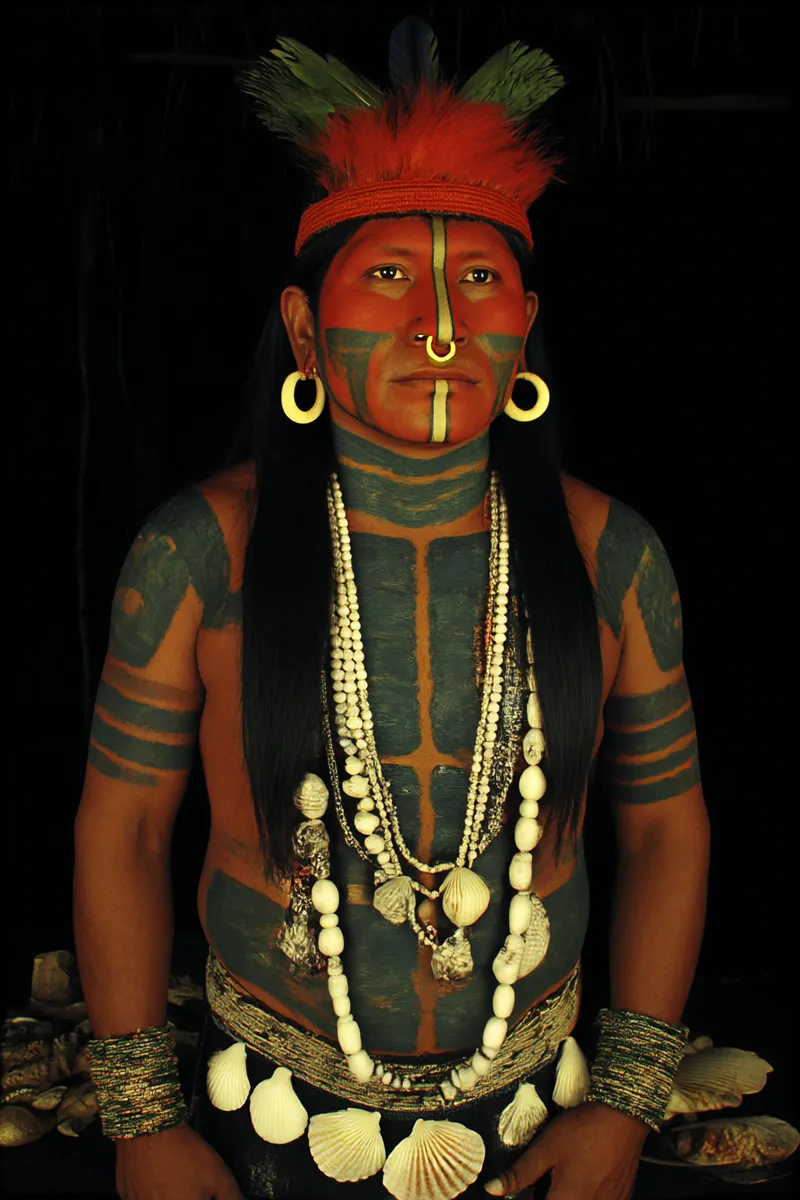 Retrato de un hombre con una corona de plumas rojas y negras, pintura facial y corporal verde y roja en forma de líneas y cruces, aretes dorados de aro, un aro blanco en la nariz y varios collares de conchas que le cubren el pecho, sobre fondo negro.