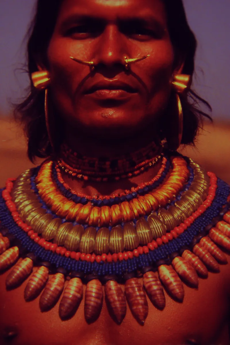 Retrato de cerca de un hombre con la piel de tono rojizo, un aro de oro retorcido en la nariz, aretes dorados de banda y un collar de varias hileras de cuentas rojas, doradas y azules del que cuelgan conchas.