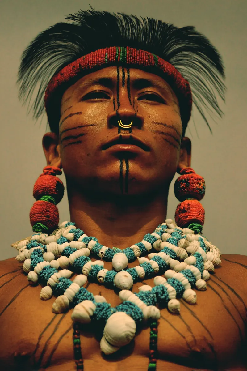 Retrato de un hombre con un tocado de plumas negras erguidas sobre una banda roja, líneas pintadas en el rostro, un aro dorado en la nariz, aretes redondos de color naranja y un collar de varias hileras de cuentas turquesa y blancas, sobre fondo gris.