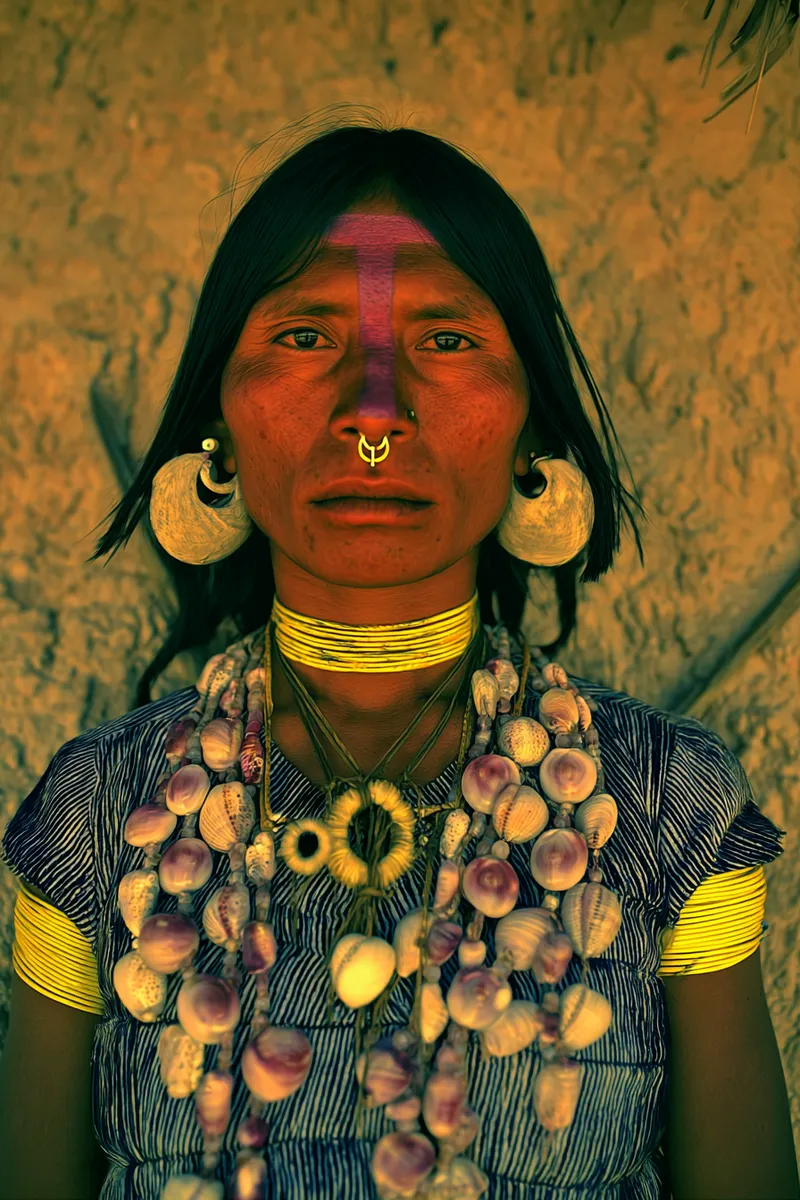 Retrato de una mujer frente a una pared de adobe, con una raya rosada pintada verticalmente en la frente, un aro dorado en la nariz, grandes aretes de concha, anillos de cuentas amarillas en el cuello y collares de conchas con un colgante circular amarillo, vestida con tela a rayas azules y blancas.