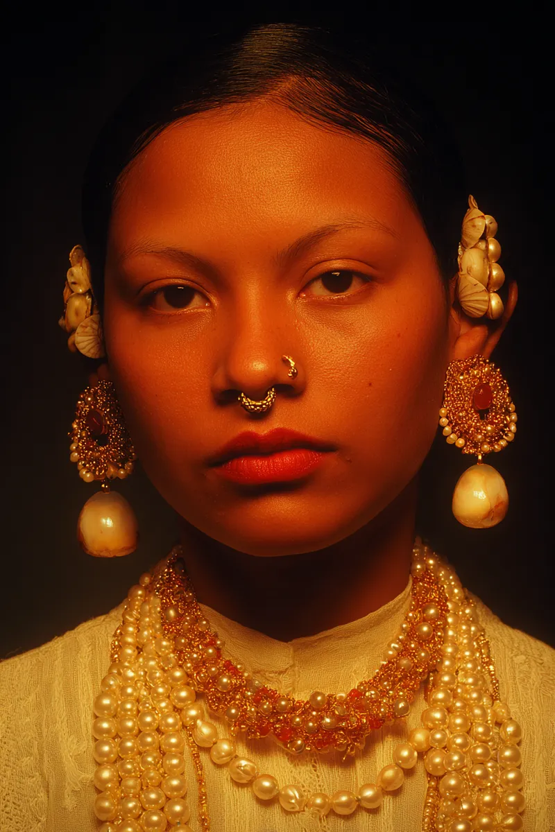 Retrato de una mujer con grandes aretes de perlas y oro, dos aros dorados en la nariz, labios pintados de rojo y un collar de varias hileras de perlas, vestida con una blusa blanca de encaje, sobre un fondo oscuro con iluminación dramática.