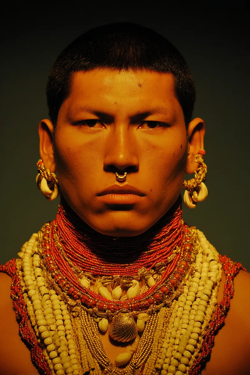 Retrato de un hombre de cabello corto sobre fondo oscuro, con racimos de conchas doradas colgando de cada oreja, un aro en la nariz y un collar de varias hileras de cuentas rojas, blancas y doradas, bajo una luz cálida anaranjada.