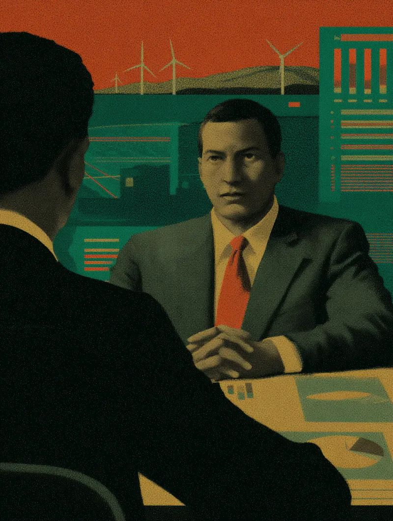 Ilustración de estilo retro de dos hombres en traje sentados a una mesa de oficina, uno con corbata roja, con turbinas eólicas y colinas visibles a través de una ventana al fondo, en tonos verdes, rojos y anaranjados.