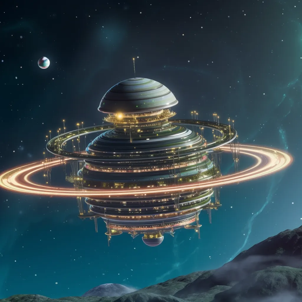 Ilustración de una estación espacial en forma de anillos concéntricos con luces doradas, rodeada por un anillo brillante de luz anaranjada, con una pequeña luna al fondo y montañas oscuras en primer plano, sobre un cielo estrellado azul oscuro.