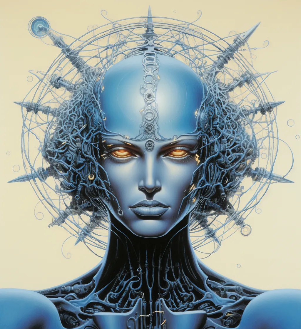 Ilustración de una cabeza de rasgos humanoides y piel azul metálica, con decenas de espinas y cables de metal que salen de la cabeza como una corona, ojos dorados brillantes y detalles mecánicos en el cuello, sobre fondo color crema.