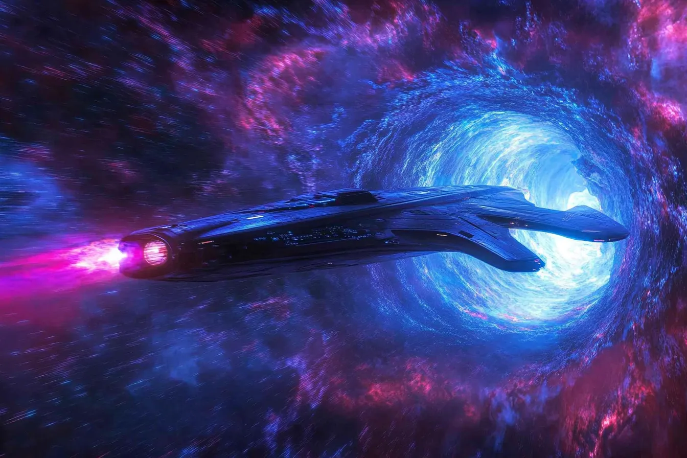 Nave espacial oscura con bordes azules atraviesa un túnel de luz blanca y azul rodeado de nebulosa púrpura y roja, con llamas rosadas saliendo de sus motores.