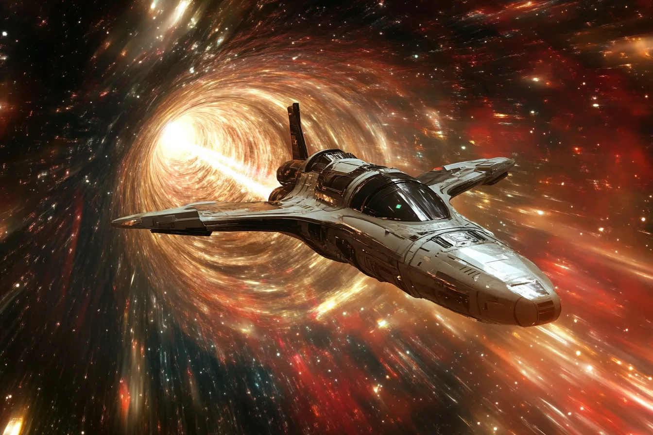 Nave espacial plateada con una aleta vertical vuela a través de un túnel de luz naranja y dorada rodeado de estrellas, formando un remolino incandescente.