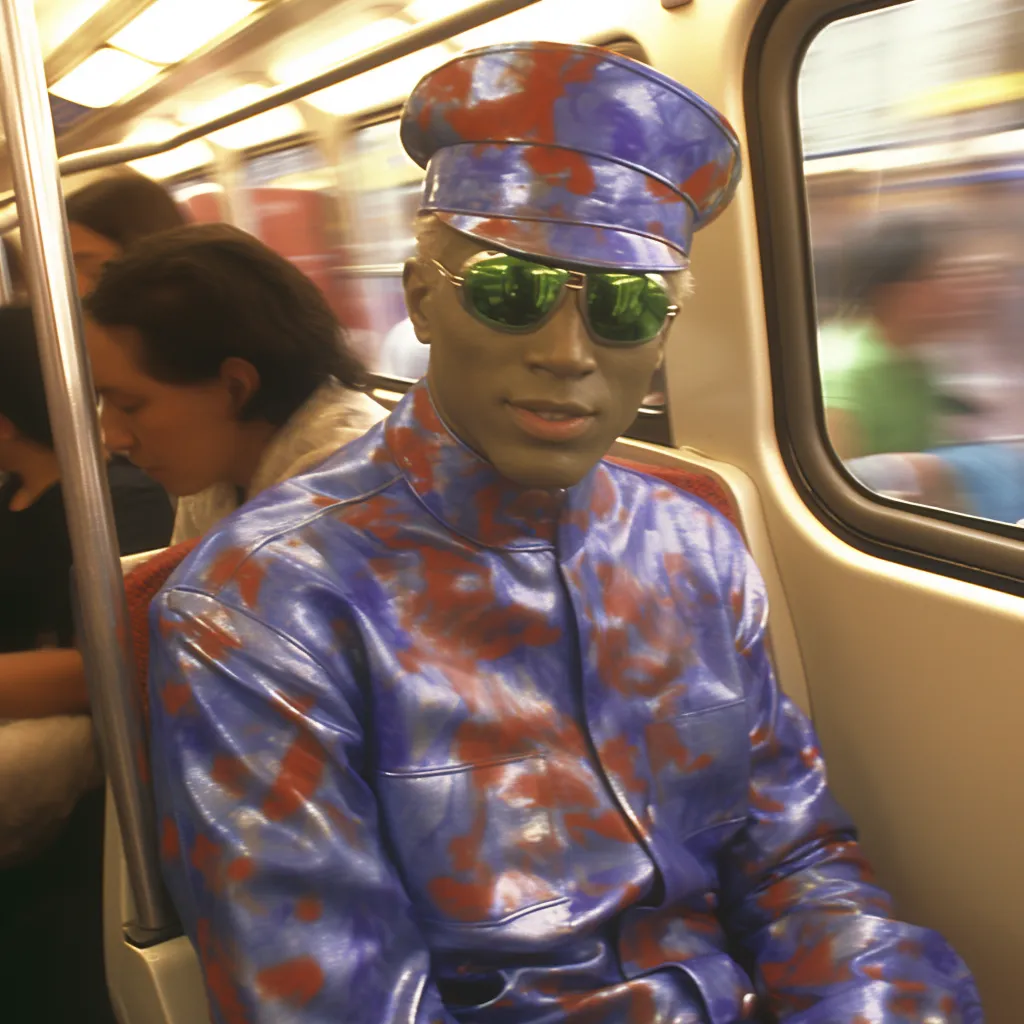 Hombre con gorra y chaqueta de camuflaje en tonos azul y rojo ladrillo, con lentes de sol de espejo verde, sentado en un vagón de tren junto a otros pasajeros.
