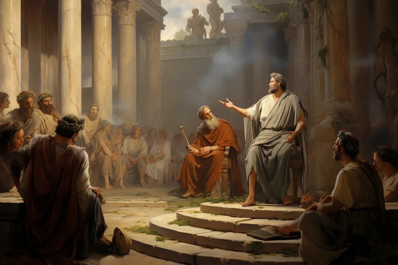 Pintura de un hombre de pie con toga gesticulando ante un grupo de hombres sentados con túnicas, en un patio con columnas de piedra bajo luz cálida.