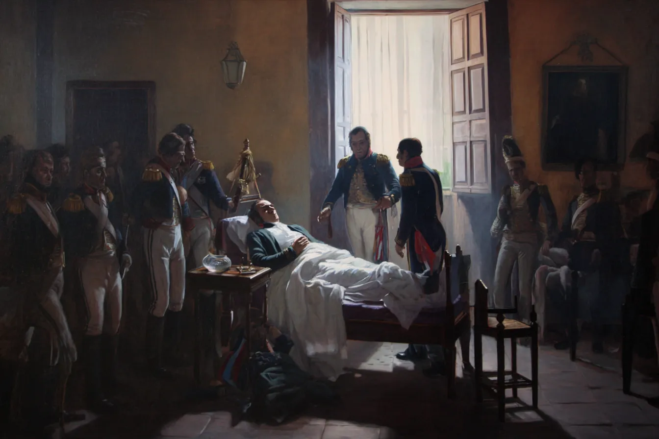 Pintura de un hombre acostado en una cama junto a una ventana, rodeado de hombres con uniformes militares oscuros, con una puerta abierta que deja entrar luz brillante.