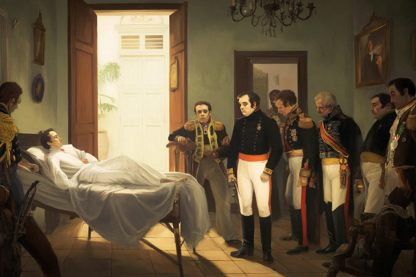 Pintura de un hombre acostado en una cama con dosel cerca de una puerta abierta iluminada, rodeado de varios hombres con uniformes militares, con un candelabro colgando del techo.
