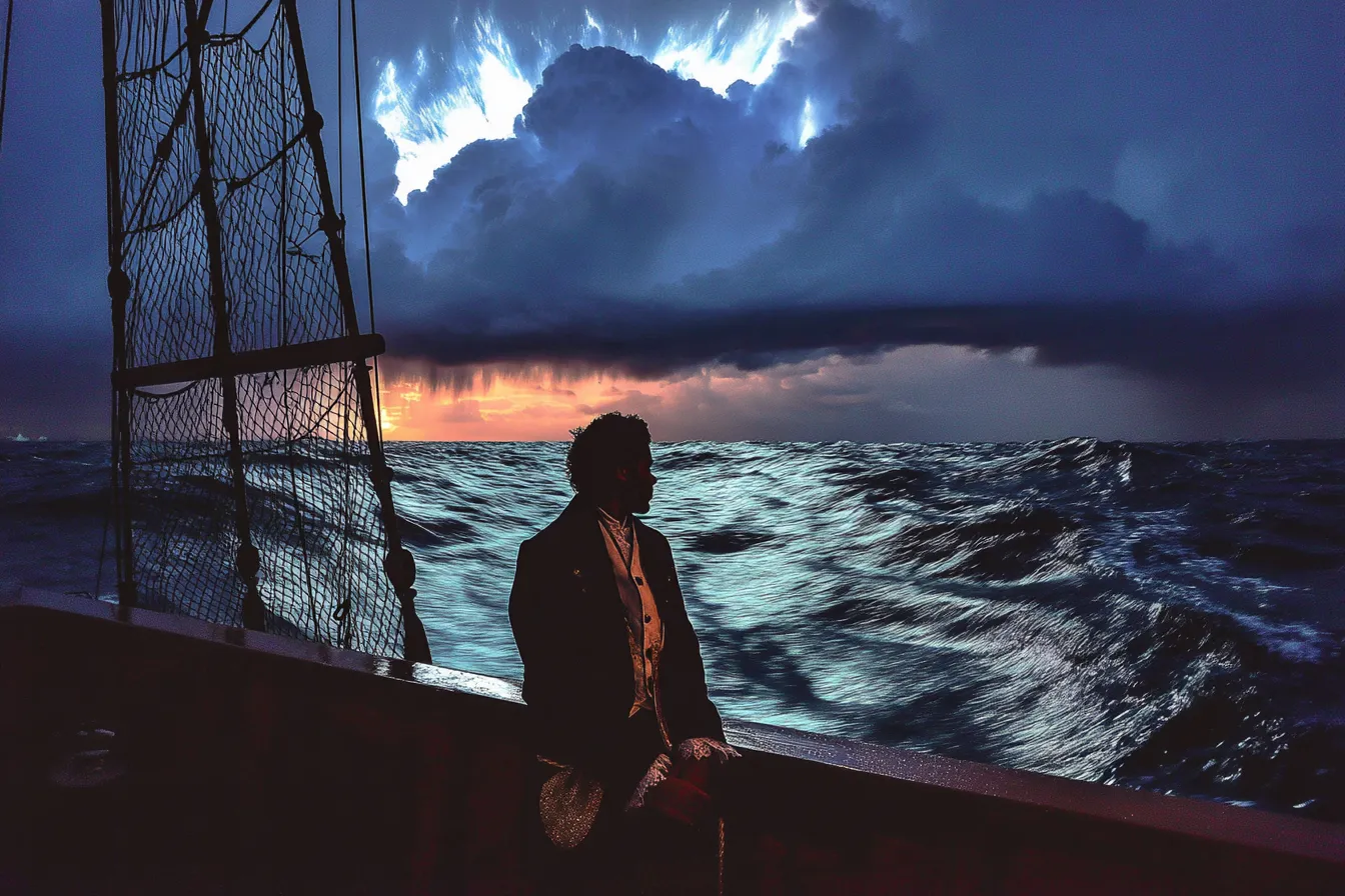 Silueta de un hombre apoyado en la baranda de un barco de noche, mirando hacia nubes de tormenta iluminadas por un relámpago sobre el mar.