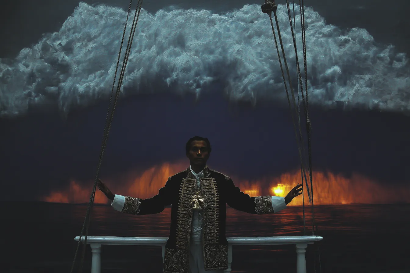 Hombre con uniforme militar de pie en la cubierta de un barco con los brazos extendidos, frente a una gran nube en forma de hongo y un resplandor anaranjado en el horizonte marino.