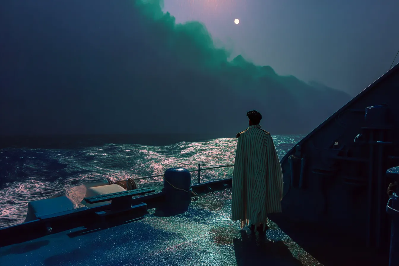 Hombre con poncho a rayas de pie en la cubierta de un barco de noche, mirando hacia una luna llena rodeada de una nube verdosa sobre un mar agitado.
