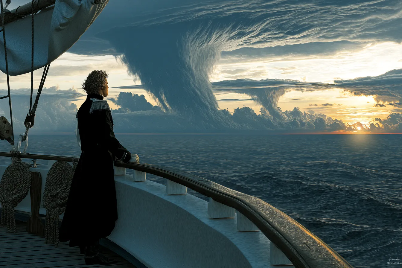 Hombre de espaldas junto a la baranda de un barco observando una gran tromba marina que se eleva del océano al amanecer, con el cielo en tonos azules y anaranjados.