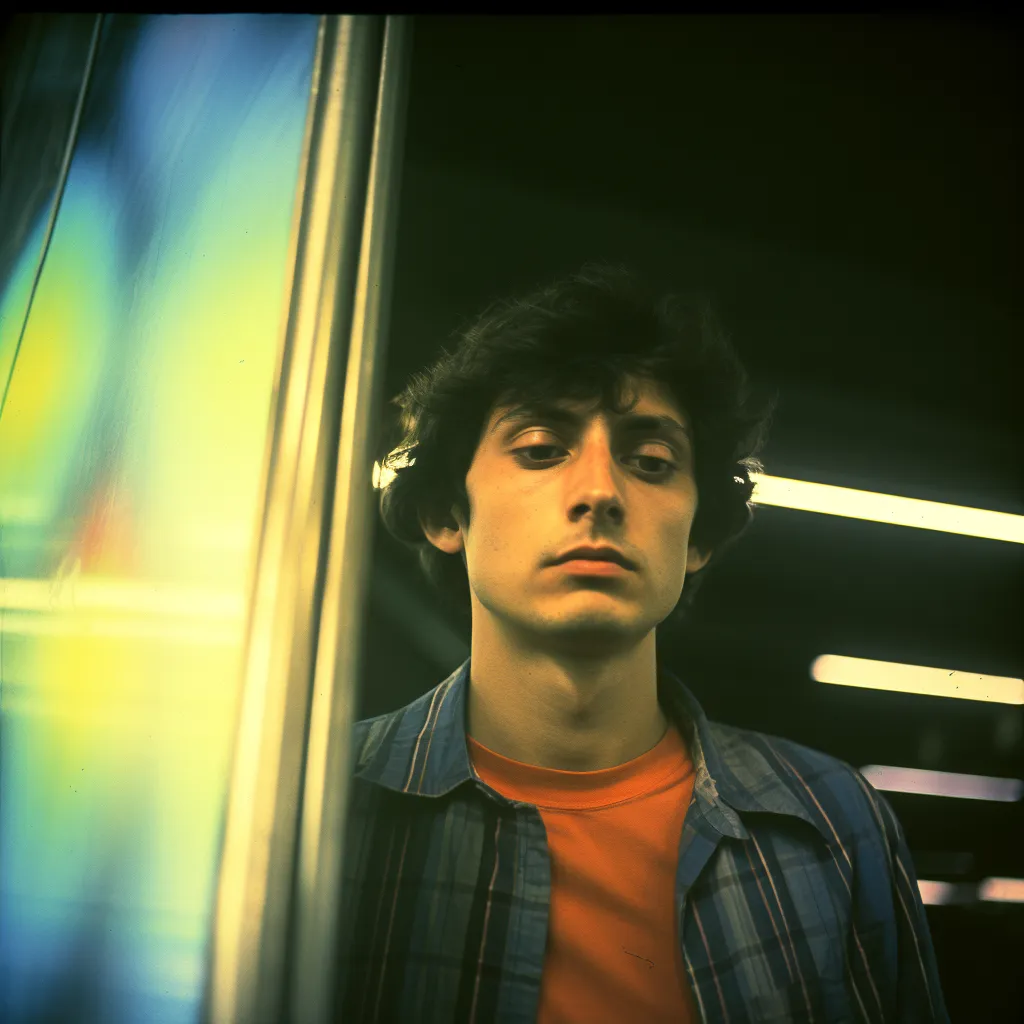 Joven de cabello oscuro y rizado con camisa a cuadros azul sobre una camiseta naranja, de pie junto a una barra metálica en un vagón oscuro, con reflejos de luces de colores a un lado.