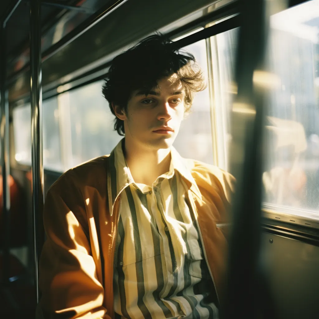 Joven de cabello oscuro y rizado con chaqueta color mostaza sobre una camisa a rayas, sentado dentro de un autobús o tren iluminado por luz solar cálida.