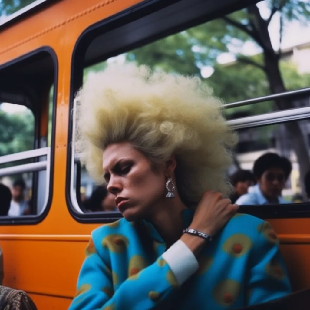 Mujer con cabello rubio voluminoso y chaqueta azul con estampado de flores naranjas, sentada dentro de un autobús de color naranja, tocándose el cabello con una mano.