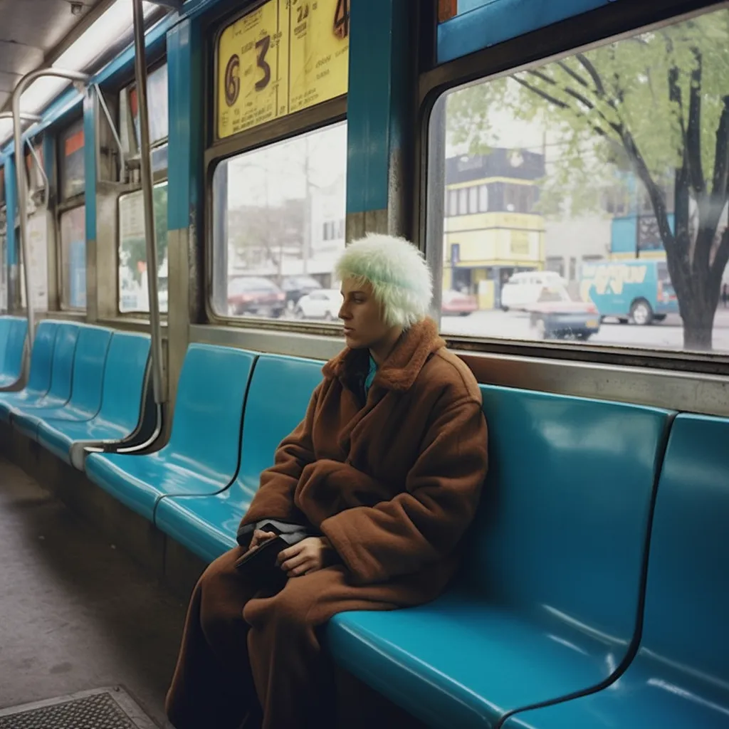 Mujer de cabello blanco y rizado con abrigo marrón peludo, sentada sola en un vagón de metro con asientos azules, mirando hacia abajo.