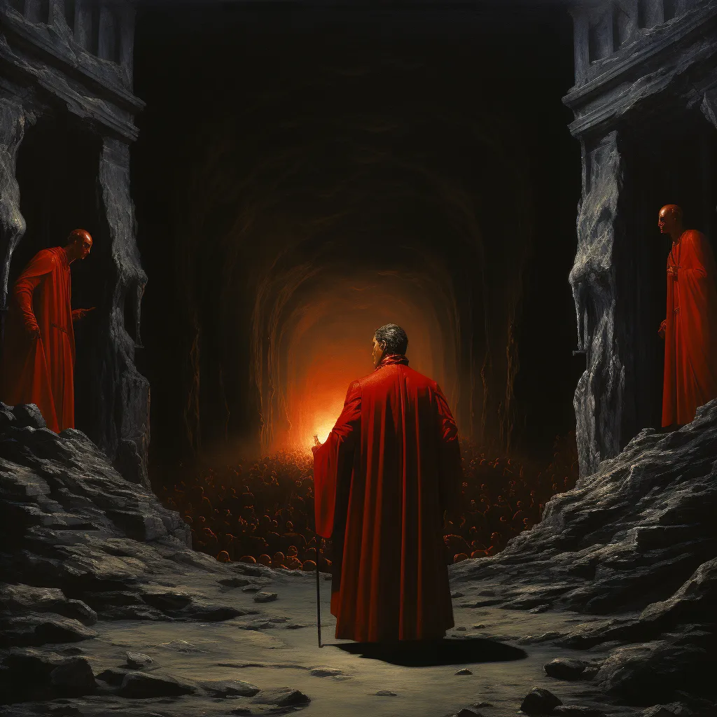Pintura de un hombre con manto rojo caminando por un pasadizo rocoso hacia una luz anaranjada al fondo, con dos figuras encapuchadas de rojo de pie en nichos a los lados.