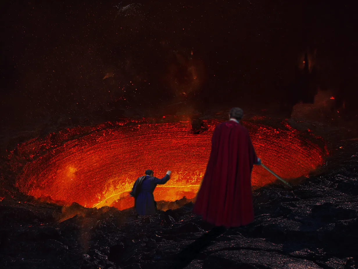 Pintura de dos hombres de pie junto a un gran cráter de lava incandescente, uno con capa roja y espada y otro extendiendo una mano hacia el fuego.