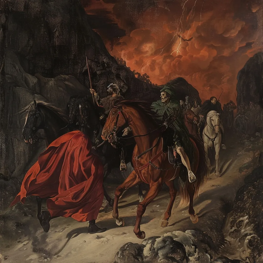 Pintura de un grupo de jinetes armados cabalgando por un paso rocoso de montaña, con un volcán en erupción y relámpagos en el cielo al fondo.