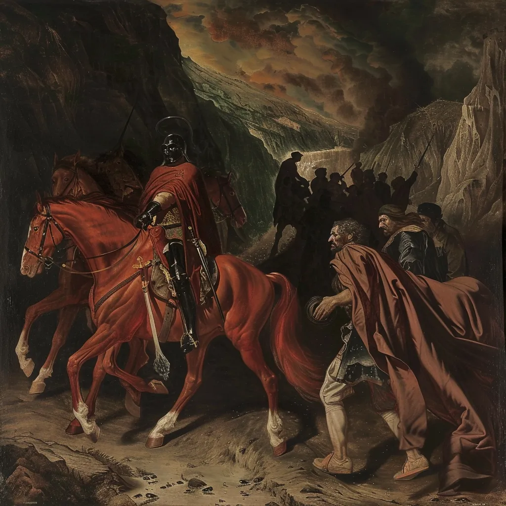Pintura de varios jinetes con armadura montando caballos de color rojizo por un paso de montaña rocoso, con un hombre encapuchado extendiendo el brazo hacia ellos.