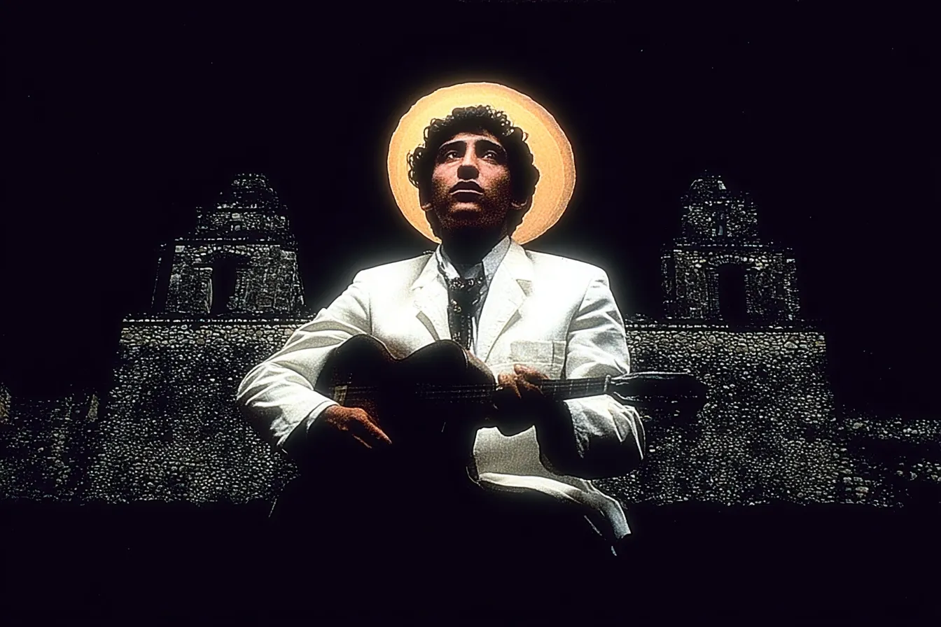 Hombre con traje blanco y corbata negra toca una guitarra frente a dos templos de piedra tallada, con un halo dorado detrás de la cabeza sobre fondo oscuro.