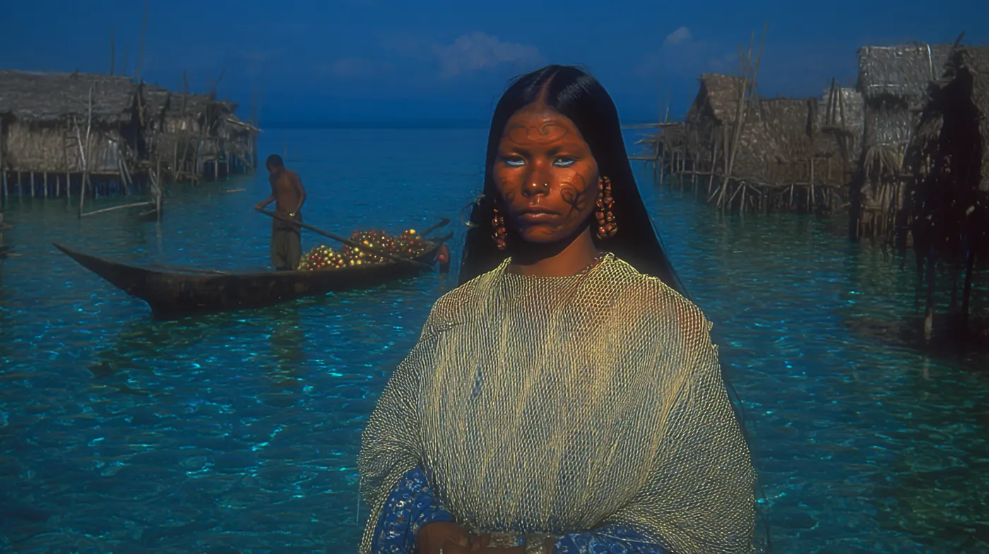 Mujer con el rostro pintado con líneas naranjas y aretes dorados, envuelta en un chal tejido gris, frente a un pueblo de casas sobre pilotes en agua turquesa, con un hombre remando una canoa detrás.