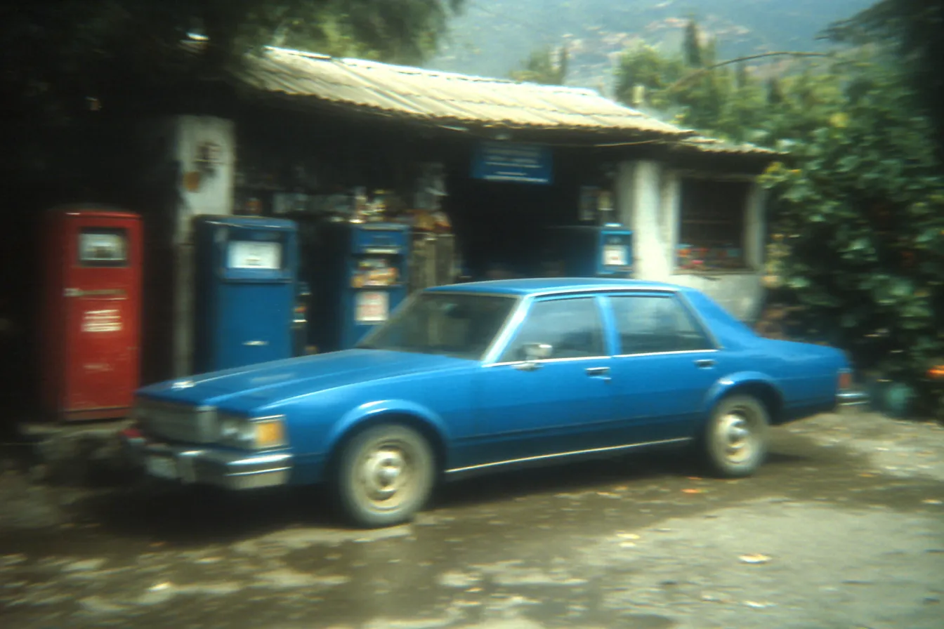 Automóvil sedán azul estacionado frente a una estación de gasolina rural con techo de paja y un surtidor rojo, rodeada de vegetación.