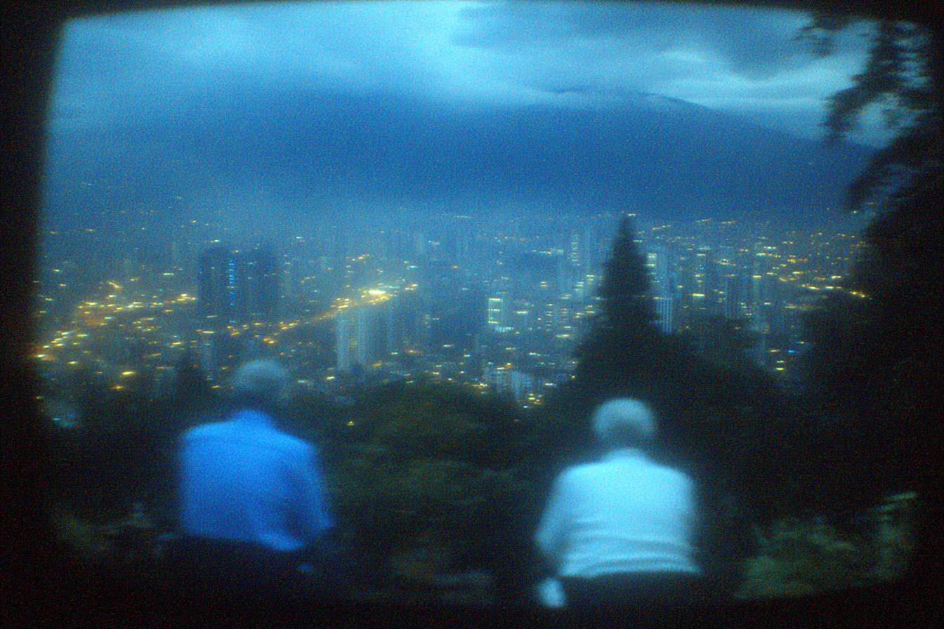 Dos personas sentadas de espaldas mirando una ciudad iluminada al anochecer, enmarcadas por una ventana, con montañas oscuras y nubes al fondo.