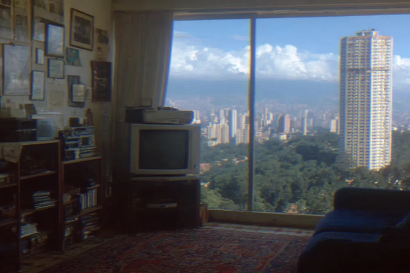 Sala de estar con un televisor antiguo, una repisa con diplomas enmarcados y una alfombra, frente a un gran ventanal con vista a edificios altos de la ciudad.