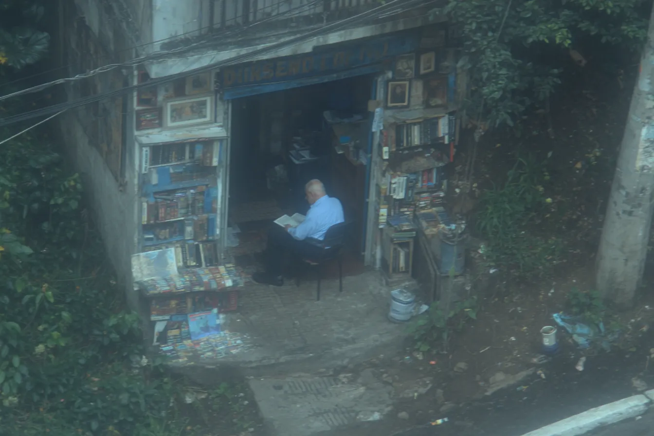 Vista desde arriba de un puesto de libros usados al aire libre con estantes a ambos lados y cuadros colgados, con un hombre sentado leyendo adentro, rodeado de vegetación.