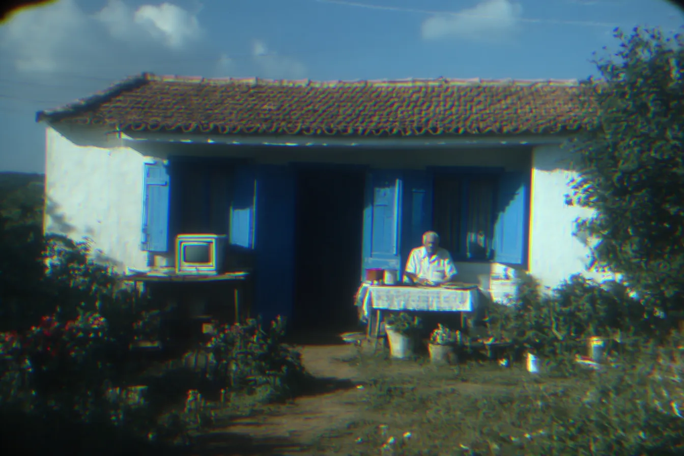 Casa blanca con techo de tejas y puertas azules, con un hombre mayor sentado a una mesa afuera y un televisor antiguo sobre una mesita junto a la entrada, rodeada de plantas.