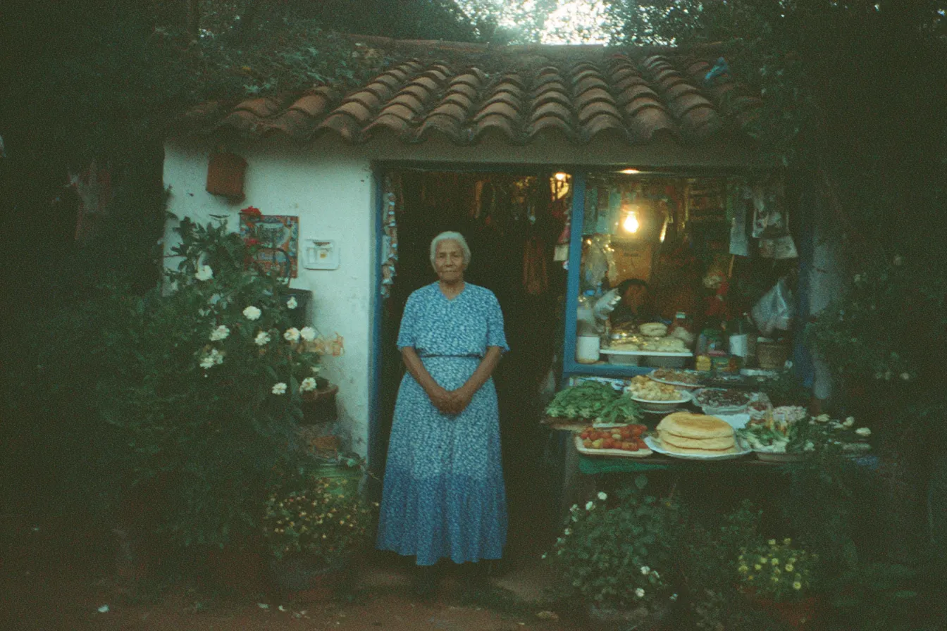 Mujer mayor de cabello blanco y vestido azul de pie en la puerta de una casa rústica con techo de tejas, junto a una mesa con frutas y platos de comida, rodeada de flores.