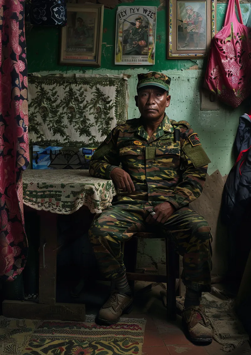 Hombre con uniforme militar camuflado y gorra sentado en un banquito dentro de una habitación de paredes verdes, con fotografías enmarcadas, una cortina tejida y telas de colores colgando.