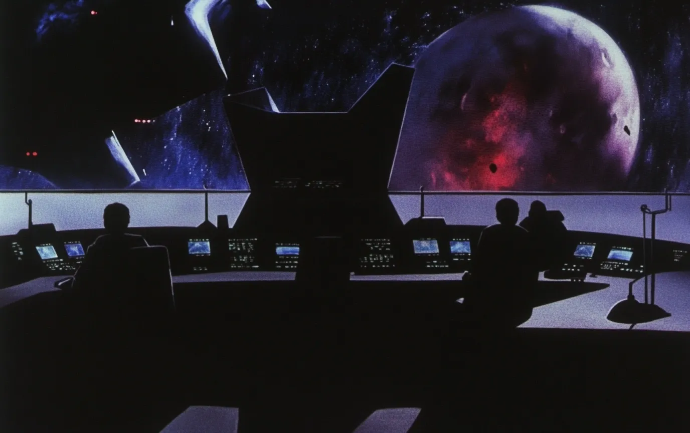 Sala de control oscura con varias personas sentadas ante consolas de monitores, frente a un ventanal grande que muestra el espacio con un planeta rojizo y estrellas.